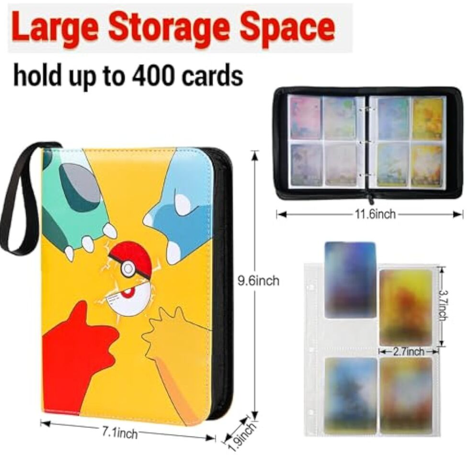 Pokemon Card Binder 4-Pocket Trading Card Album (Holds 400 Cards) with Zipper & Wrist Strap Yellow Starter Design